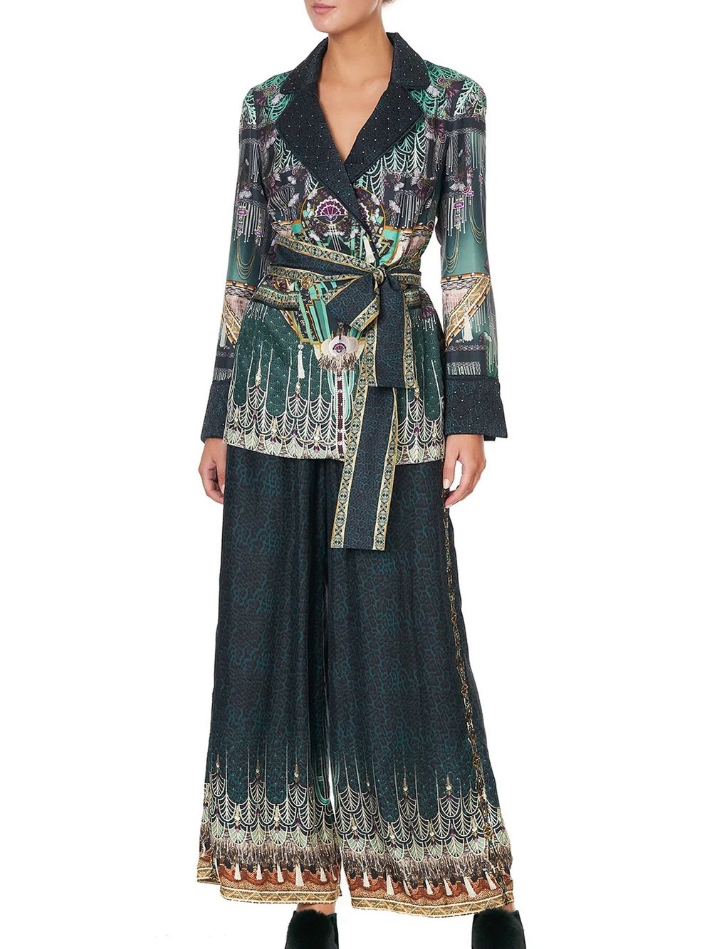 Camilla "Fitsgeralds Flapper" green silk art deco quilted jacket top M NO BELT - Picture 2 of 11